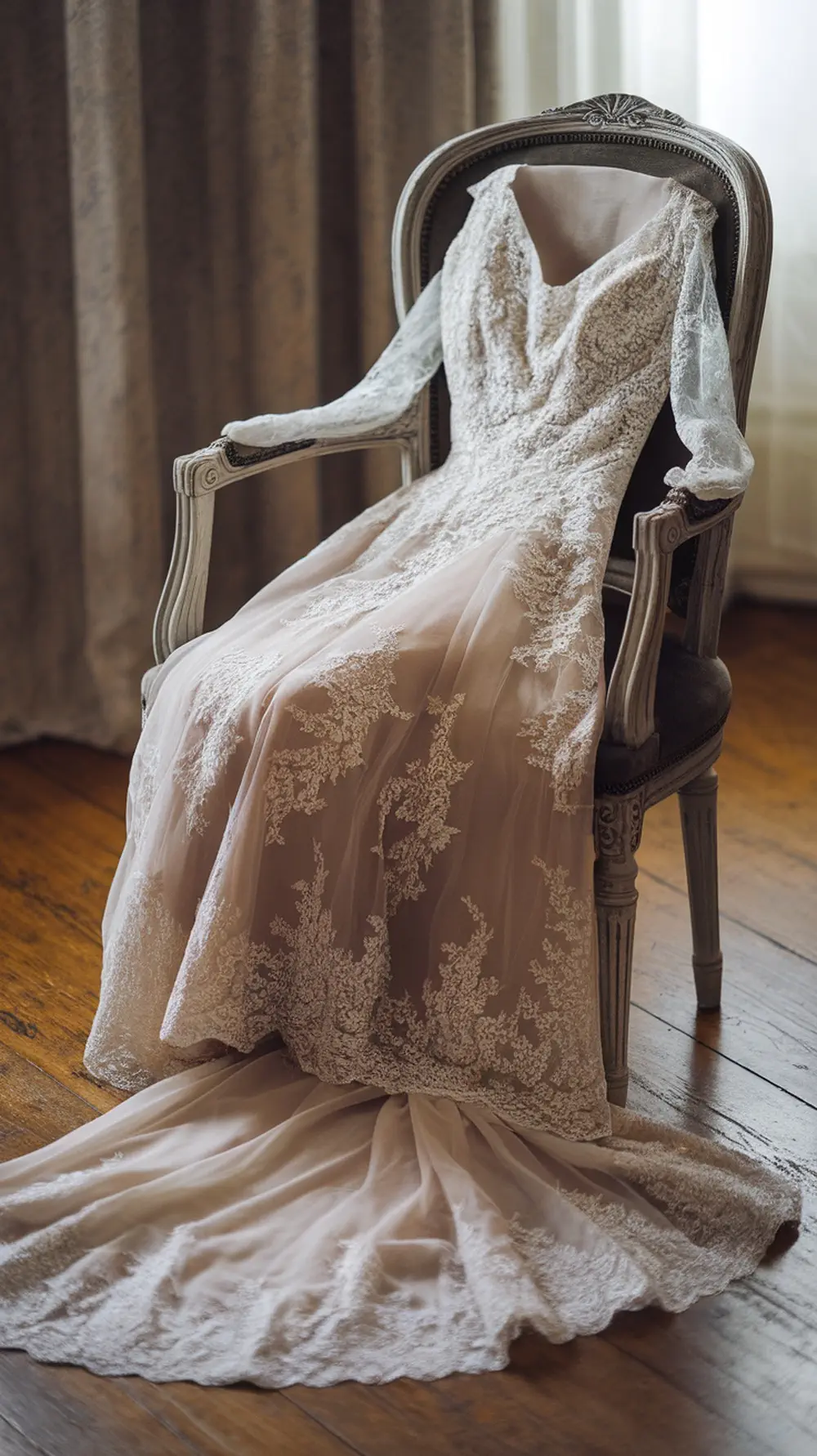 A vintage lace wedding dress displayed elegantly on a chair, showcasing intricate lace details and a soft fabric.