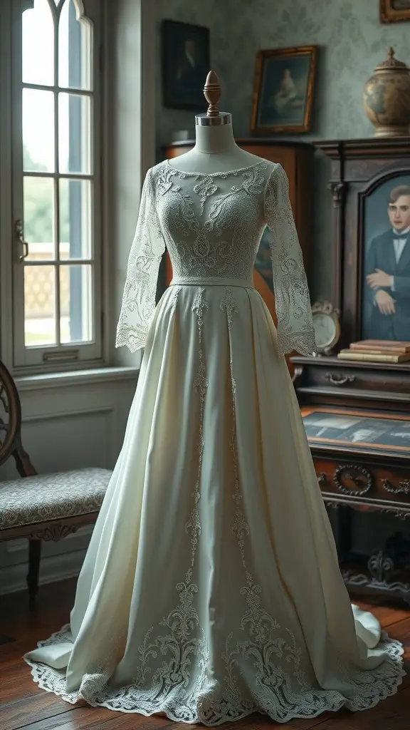 A vintage wedding dress with delicate lace sleeves displayed in a beautifully decorated room.
