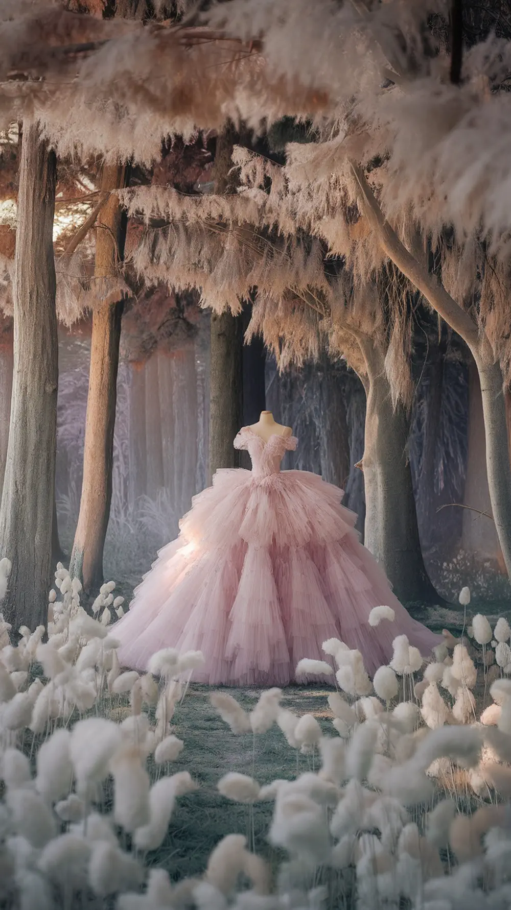 A whimsical pink ball gown made of layers of tulle, displayed in a forest setting with soft white flowers.