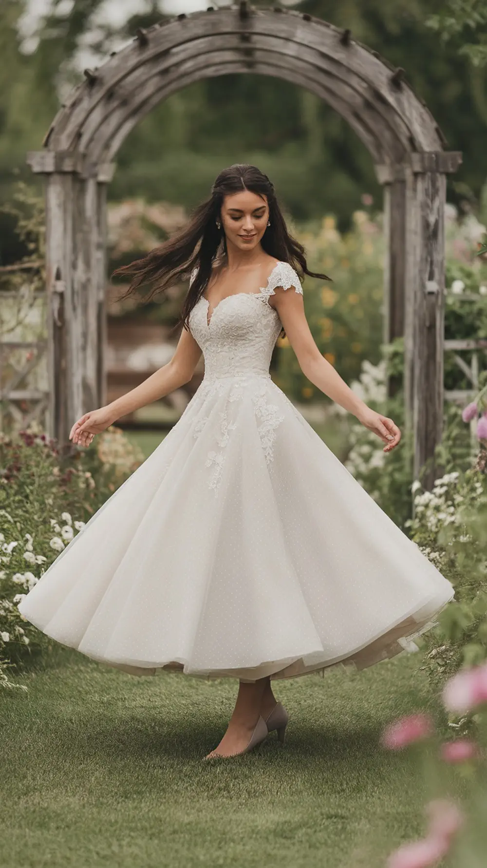 A bride in a tea-length wedding dress spinning in a garden
