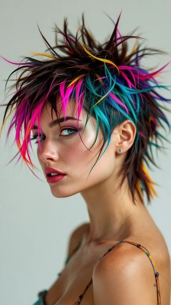 A person with vibrant spiky hair in shades of pink, yellow, and orange against a blue sky.