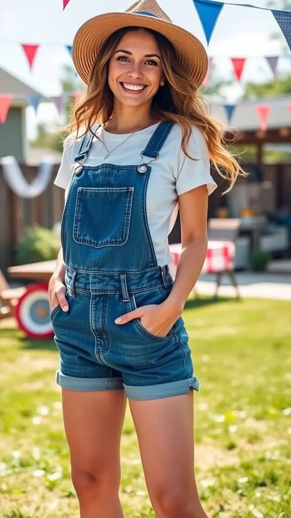 Girl in blue denim overalls and white tee smiling outdoors