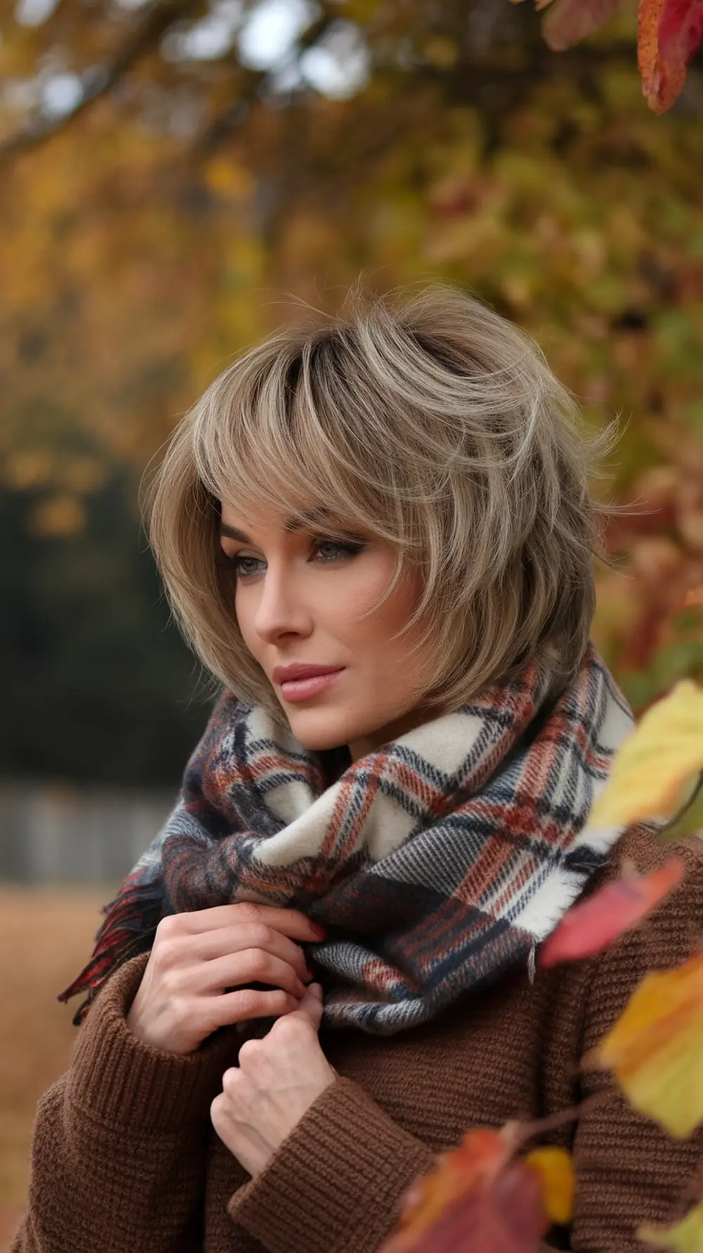 A woman with a textured lob hairstyle, wearing a plaid scarf and cozy sweater, surrounded by autumn leaves.