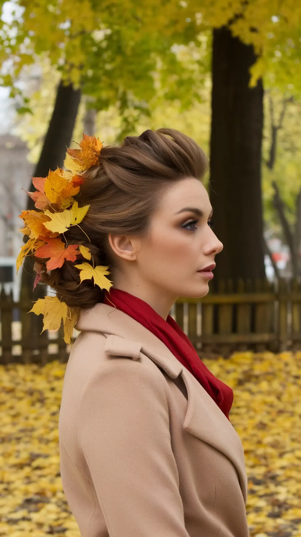 A woman with an updo hairstyle adorned with autumn leaves, wearing a beige coat and red scarf, against a backdrop of yellow autumn foliage.