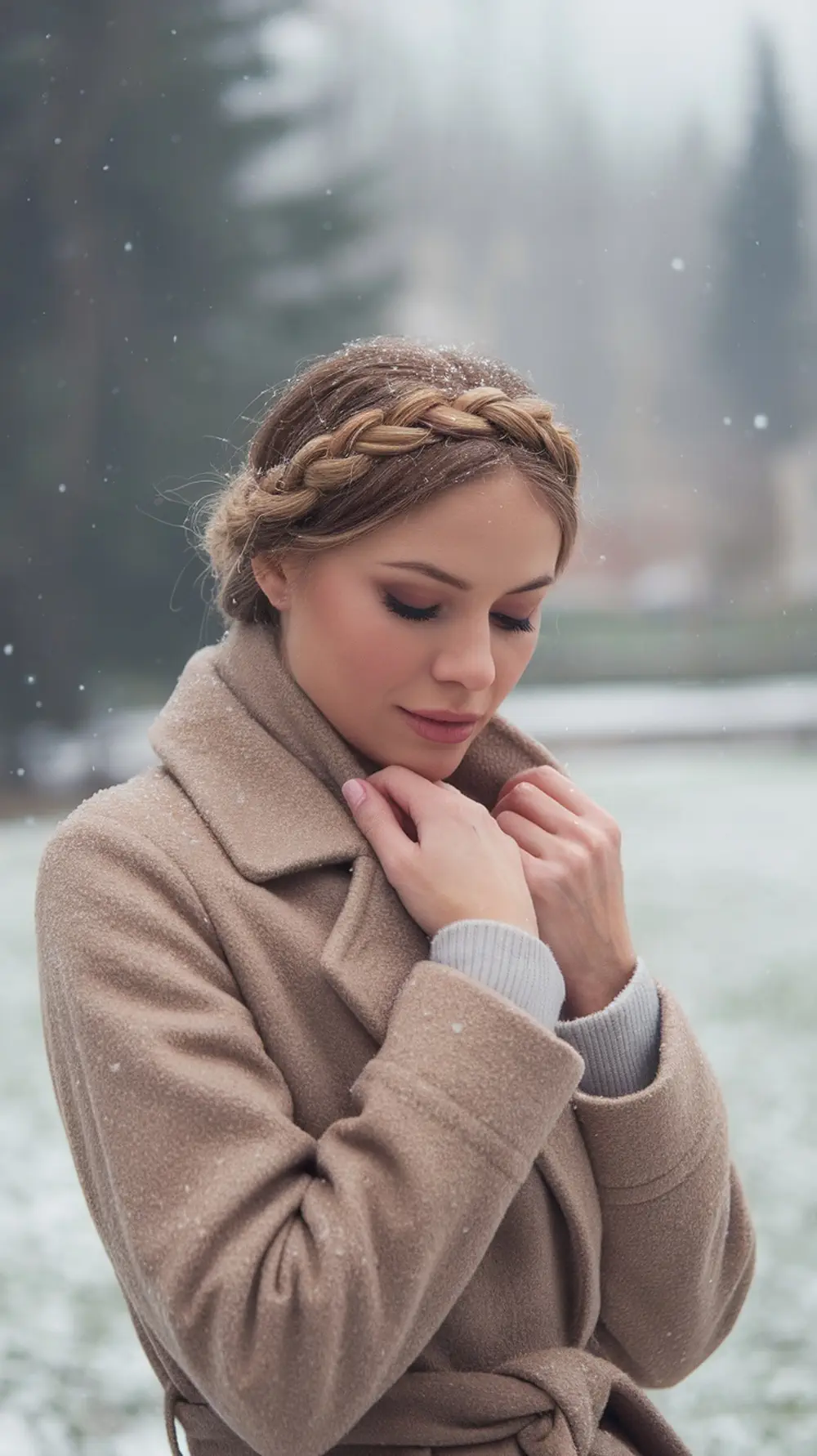 A woman with a braided crown hairstyle, wearing a stylish coat in a snowy winter setting.