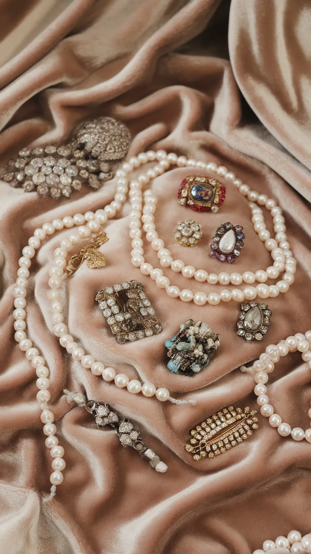 A collection of pearls and vintage brooches arranged on a soft fabric
