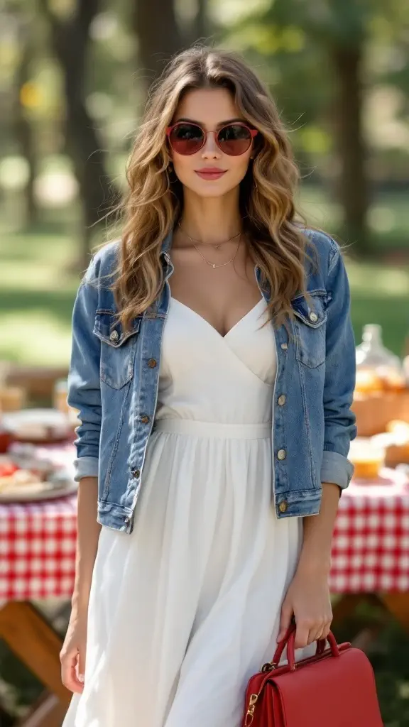 A woman in a classic white sundress paired with a denim jacket and red handbag, wearing sunglasses at an outdoor picnic setting.