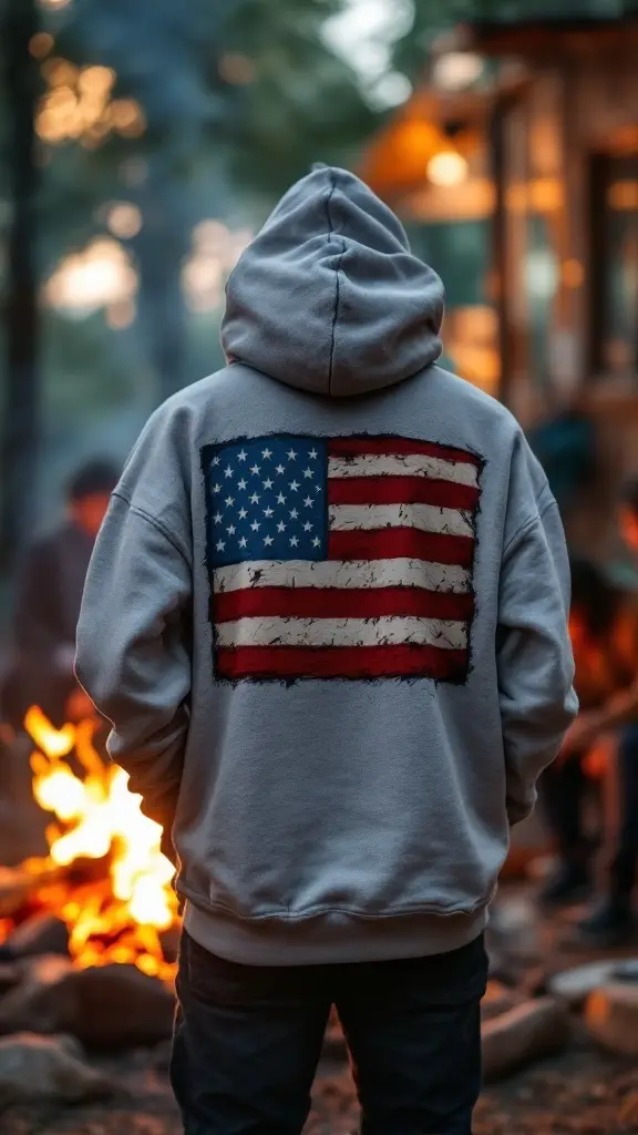 A person wearing a grey hoodie with an American flag design on the back, standing near a campfire.