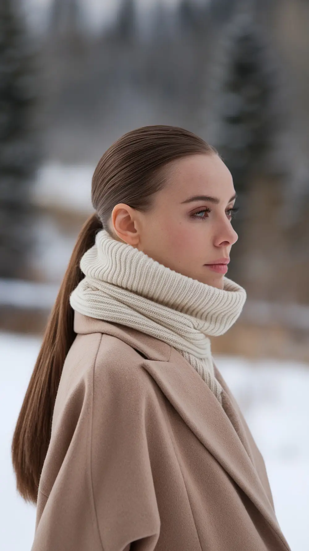 A woman with a sleek ponytail wearing a beige coat and a cozy white scarf in a winter setting.