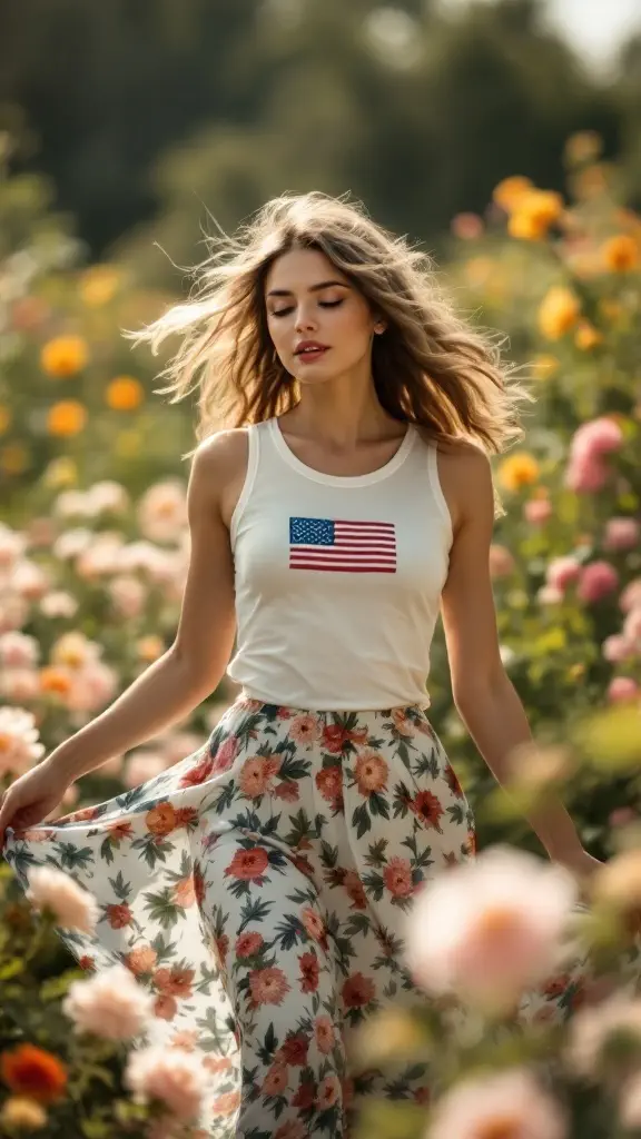 A woman wearing a floral skirt and a patriotic top, walking through a colorful flower field.