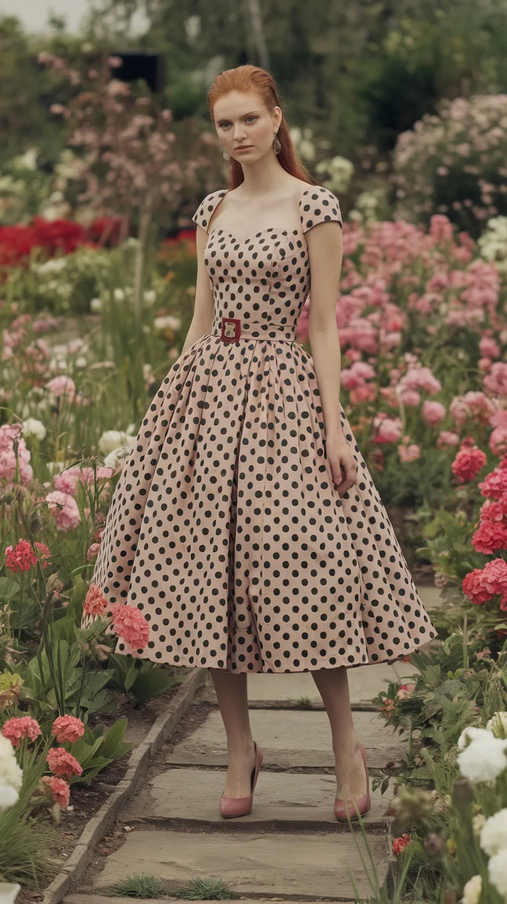 A model in a polka dot dress standing in a floral garden