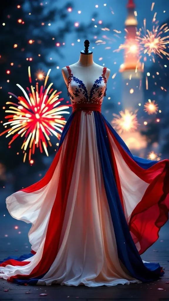 A vibrant red, white, and blue maxi dress displayed on a mannequin with fireworks in the background.