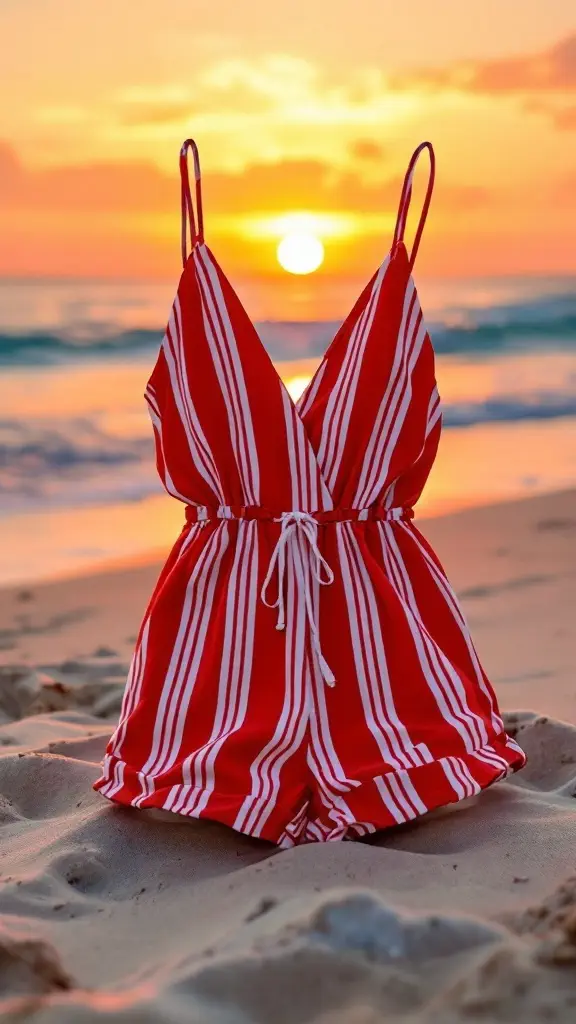A red and white striped romper on the beach during sunset.