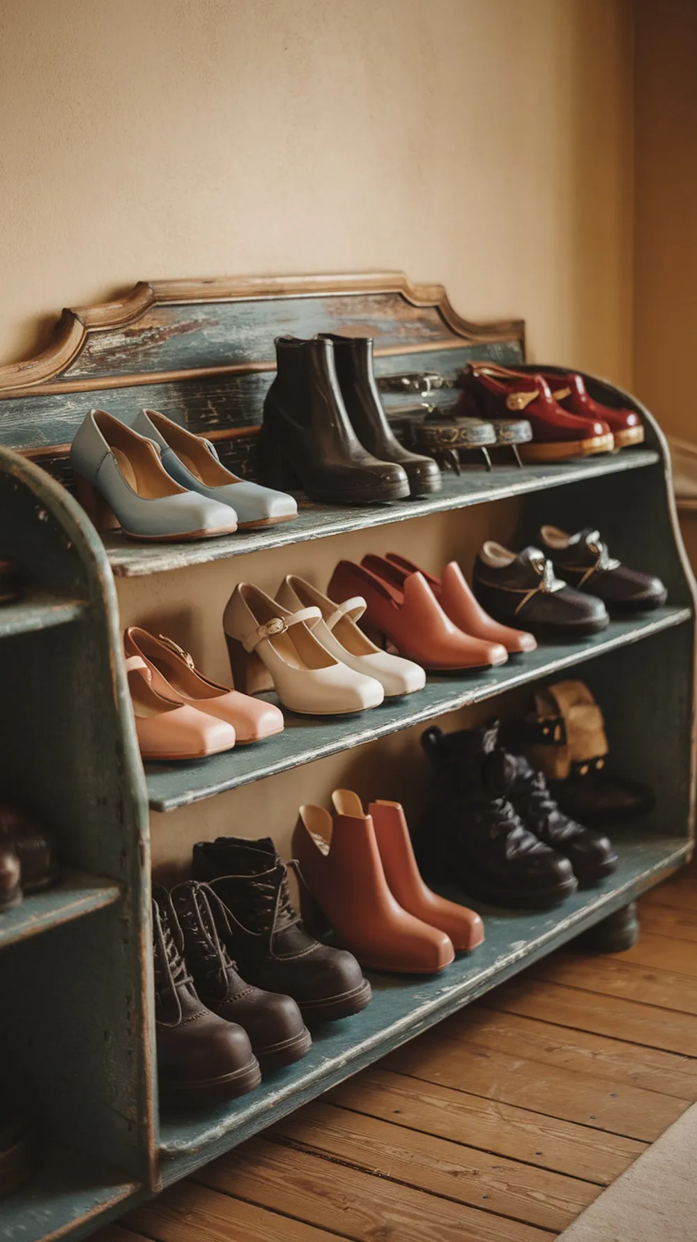A collection of retro footwear including Mary Janes and chunky boots displayed on a wooden shelf.
