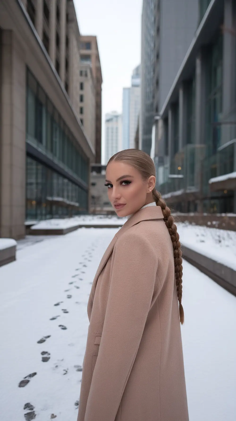 A woman with a sophisticated side braid, wearing a beige coat, standing in a snowy city landscape.