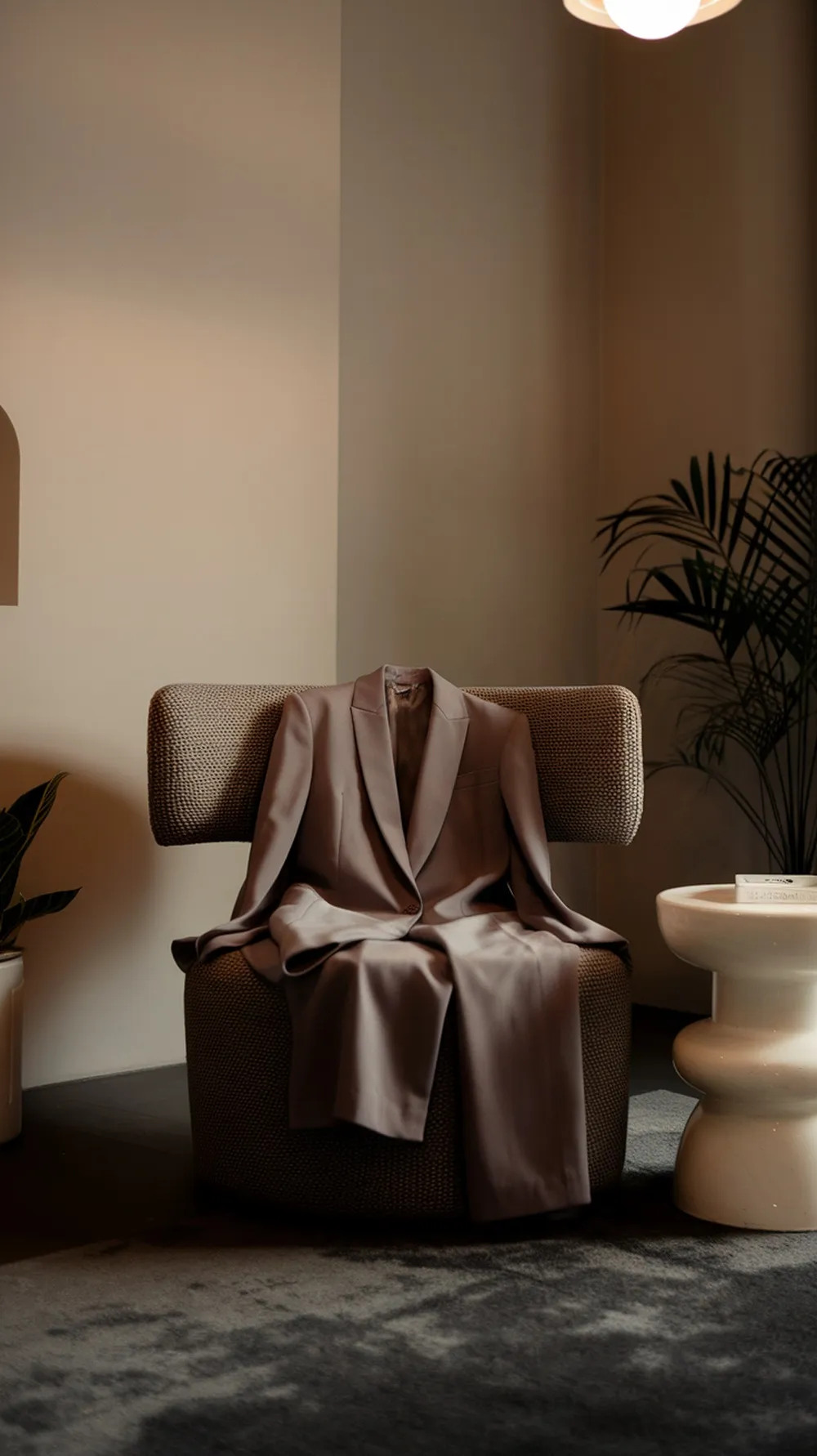 A tailored blazer draped elegantly on a stylish chair in a modern setting.