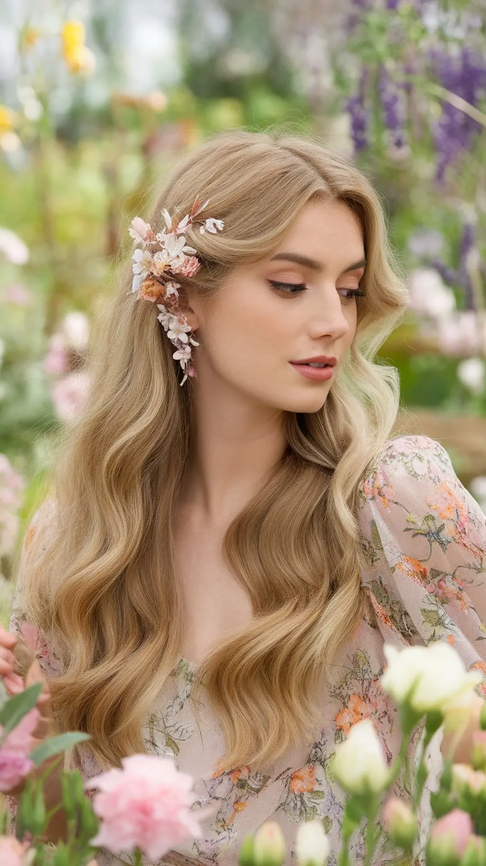 A woman with long, wavy hair adorned with floral accents, surrounded by spring flowers
