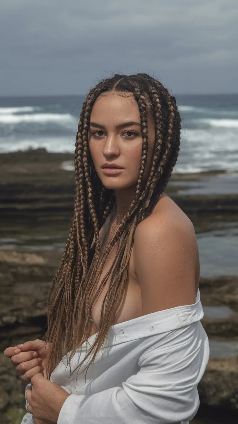 A woman with beachy braids standing near the ocean.