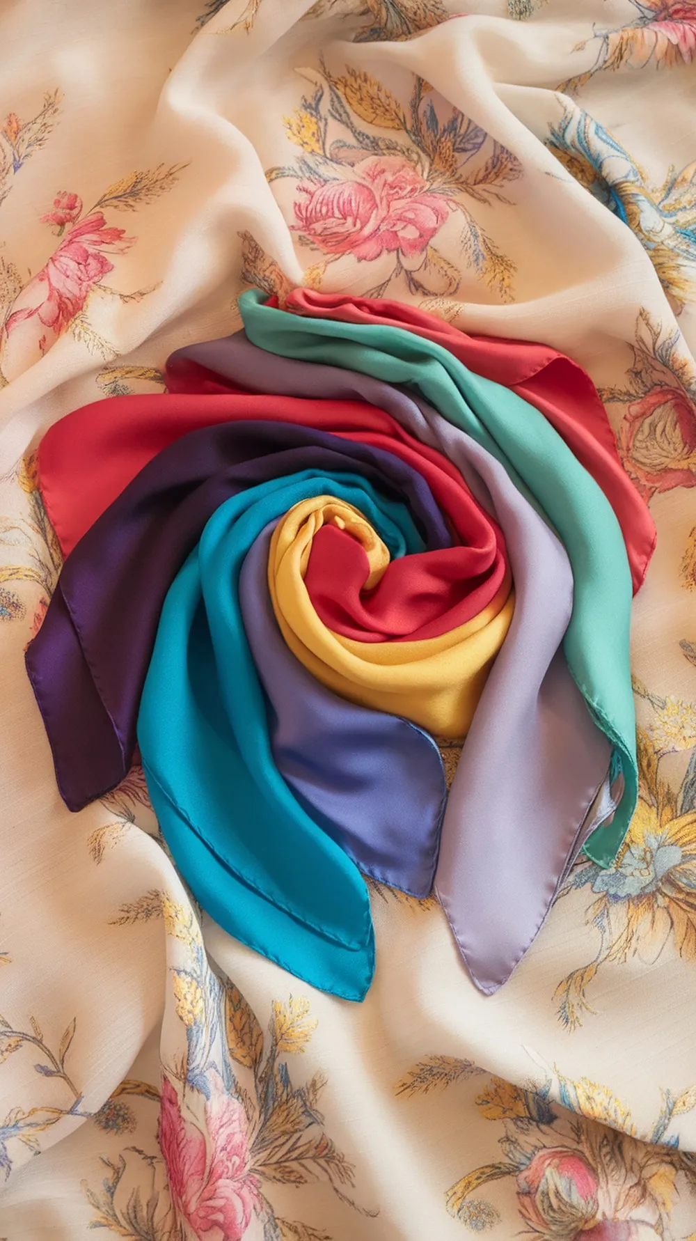 Colorful silk scarves arranged in a swirl on a floral background.