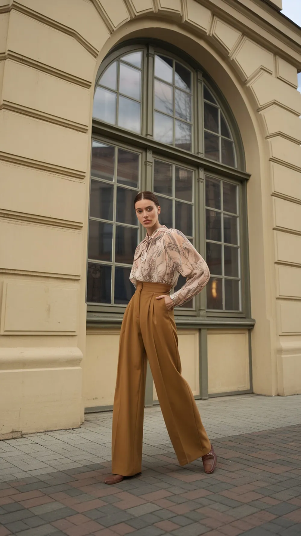 A model wearing high-waisted trousers and a patterned blouse, standing near a large window.