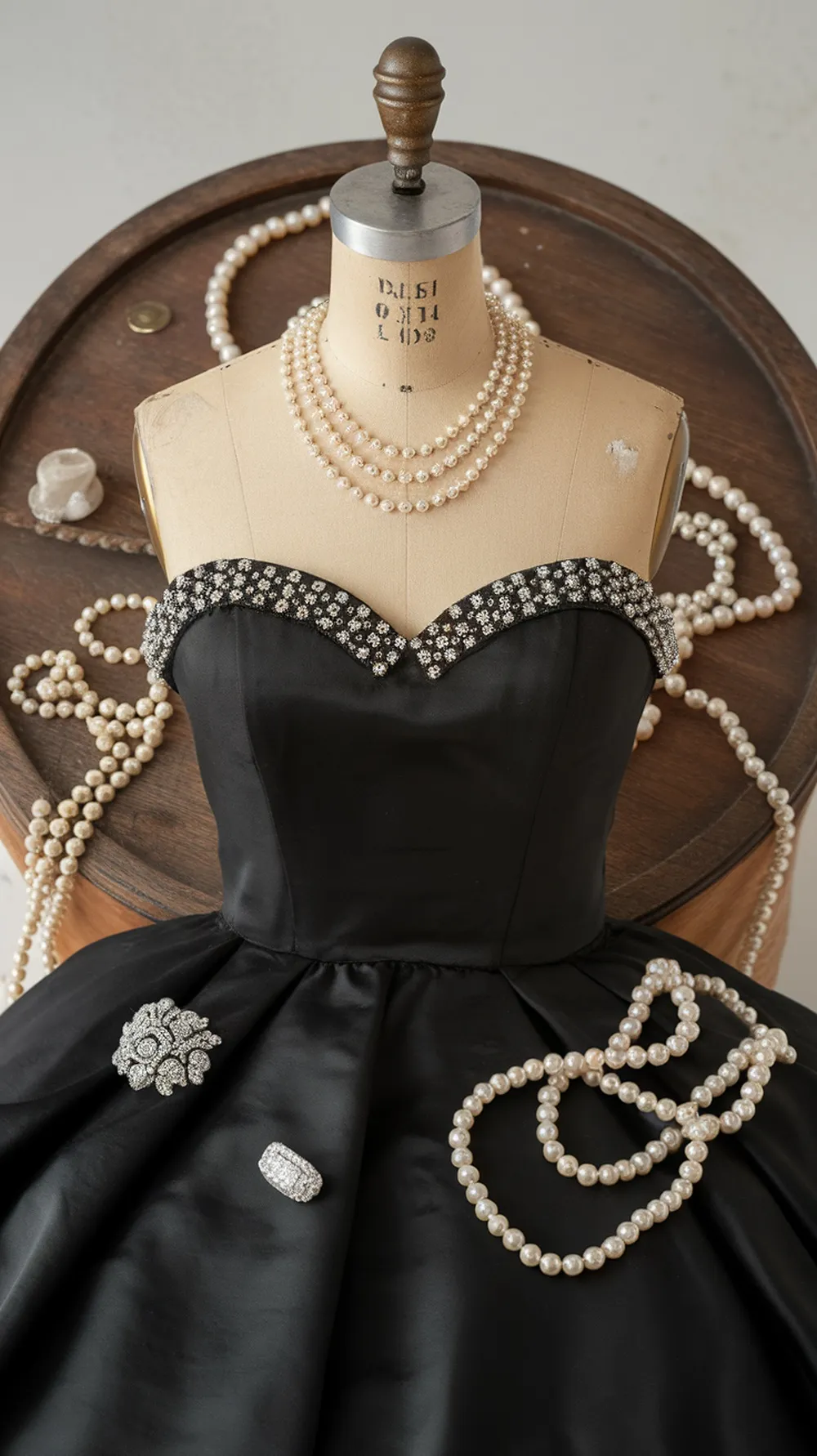 A classic little black dress displayed on a mannequin, adorned with pearls and sparkling jewelry.