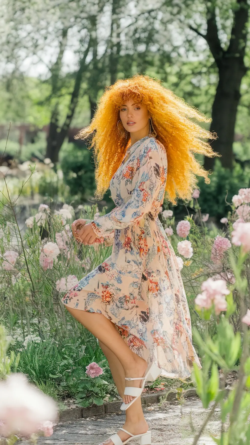 A woman with vibrant orange curls wearing a floral dress, surrounded by pink flowers in a garden.