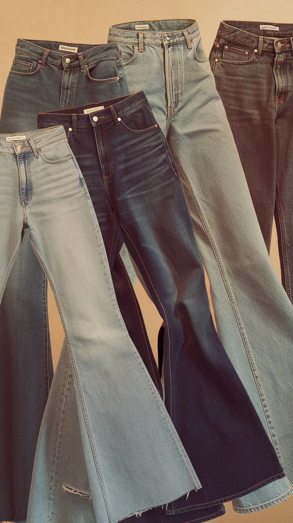 A collection of vintage denim jeans showcasing various washes and styles.