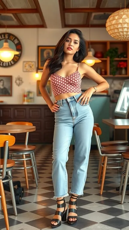 A woman wearing a vintage-inspired outfit with high-waisted jeans and a crop top.