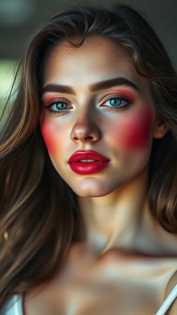 A model showcasing a vibrant blush ombre look with bold colors on her cheeks and lips.