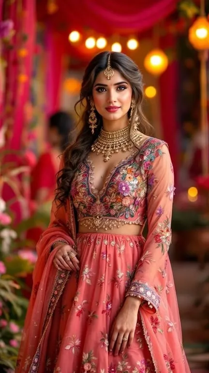 A woman wearing a peach Anarkali suit with floral embroidery, accessorized with jewelry, set against a festive backdrop.