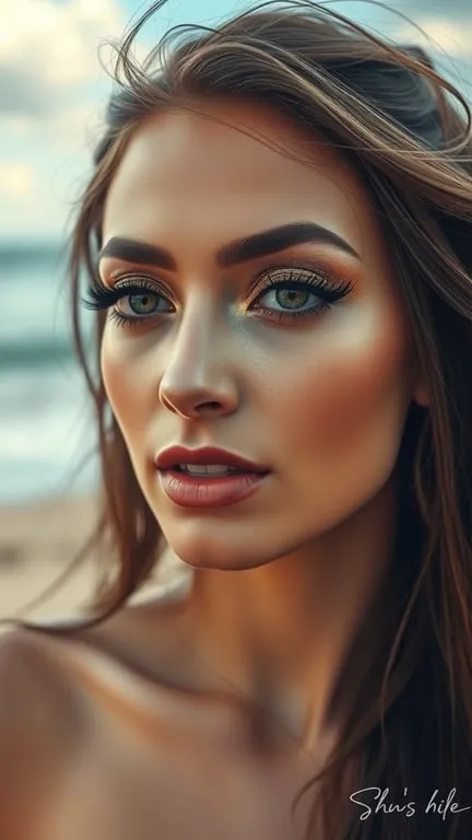 Close-up of a woman with shimmering gold eye makeup, long lashes, and a natural lip color.