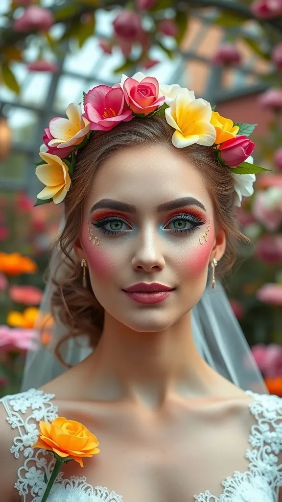 A bride with colorful floral accents in her makeup and a flower crown.