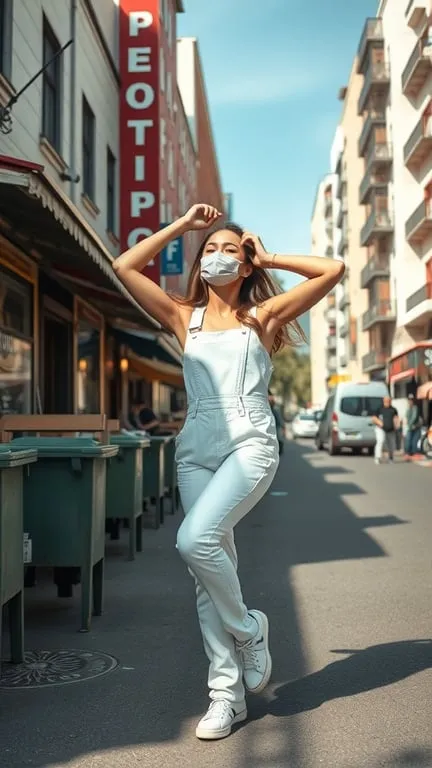 A woman wearing white overalls and sneakers, posing confidently on a city street.