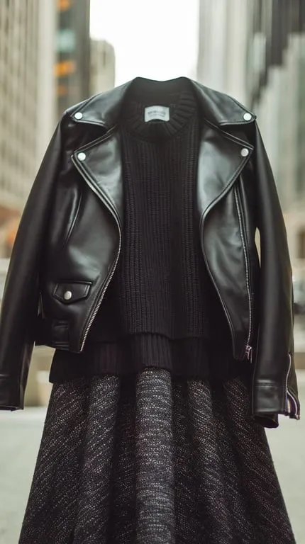 Layered black outfit featuring a leather jacket, a knit sweater, and a textured skirt.
