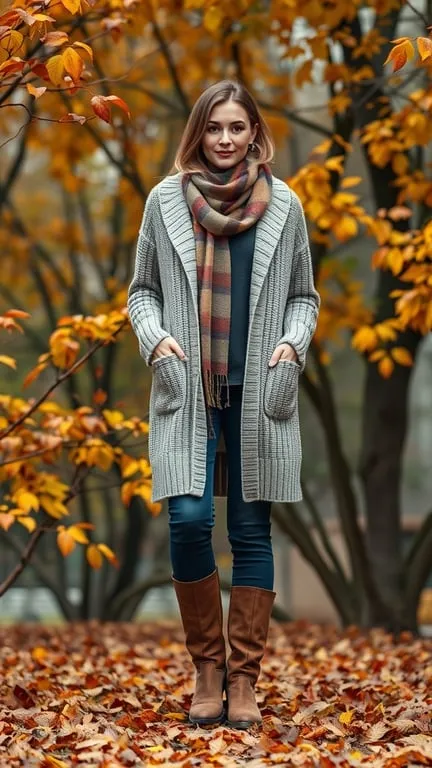 A woman wearing a cozy cardigan and scarf in a fall setting.