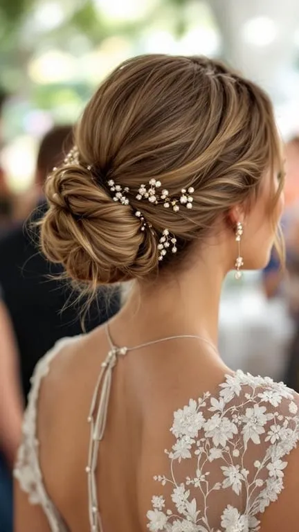 A woman with a chignon hairstyle adorned with floral accessories, showcasing an elegant summer look.