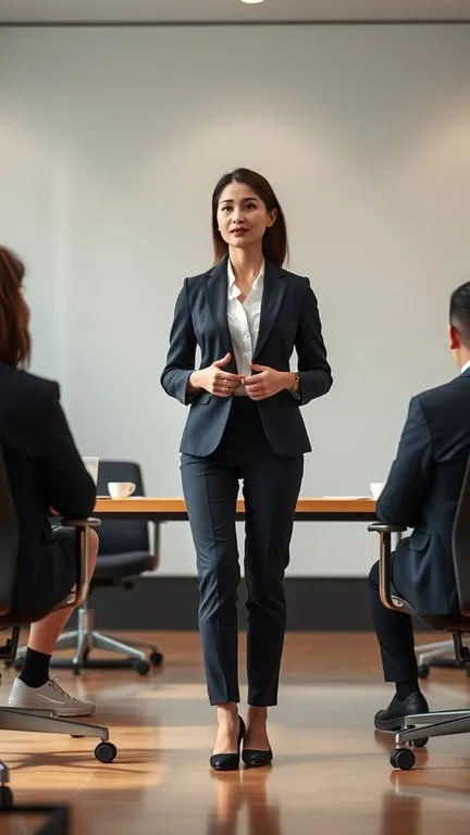 A woman in a sophisticated pantsuit standing confidently in a business meeting.