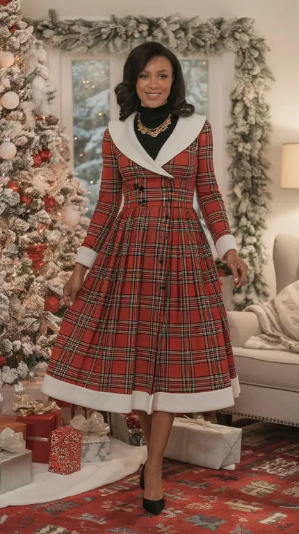 A woman in a plaid dress with a white collar, standing in front of a decorated Christmas tree.