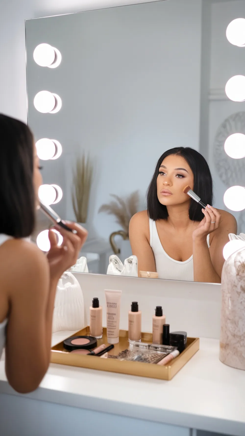 A woman applying makeup in front of a bright mirror with various beauty products on the table.