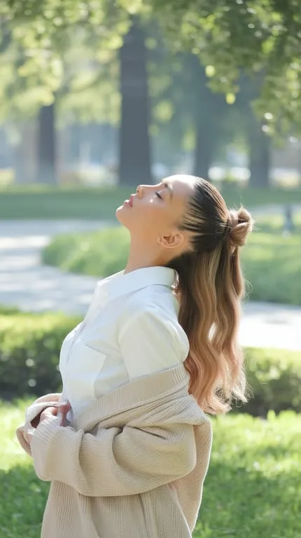 A woman with a half-up, half-down twist hairstyle, smiling outdoors.