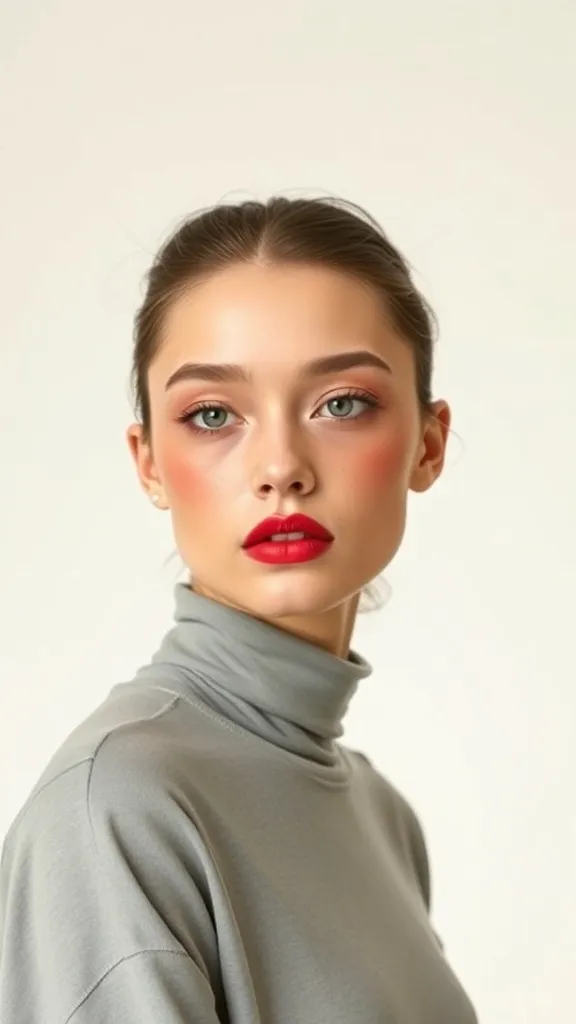 A model with bold red blush and matching red lips, wearing a gray turtleneck against a neutral background.
