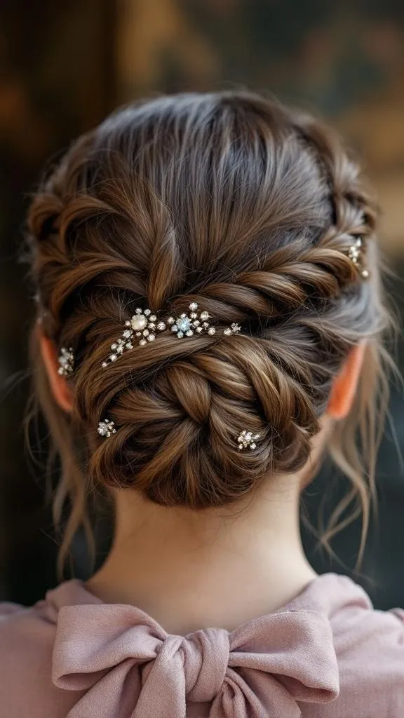 A braided bun hairstyle adorned with decorative pins, showcasing a stylish and elegant look.