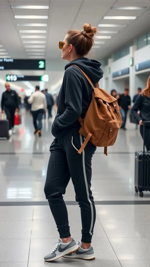 A stylish woman in a dark hoodie and joggers at the airport, wearing sneakers and sunglasses, with a brown backpack.