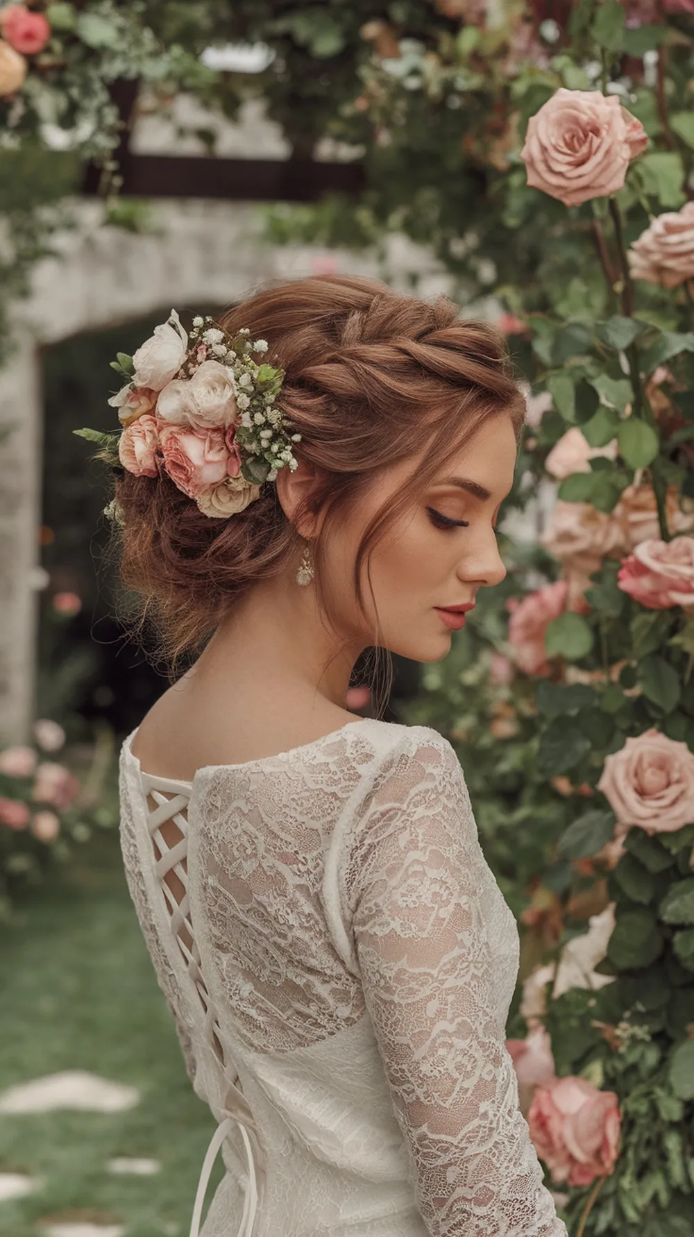 A woman with a romantic updo hairstyle adorned with flowers, standing in a floral setting.