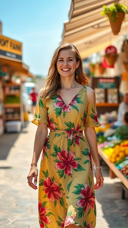 A woman wearing a vibrant floral print dress, smiling while walking through a market.