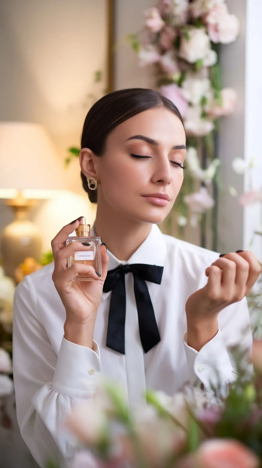 A woman holding a perfume bottle, preparing for a romantic evening.