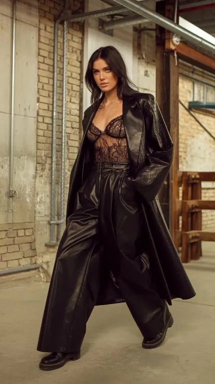 A woman wearing a black leather coat, lace top, and wide-leg leather pants, posing confidently.