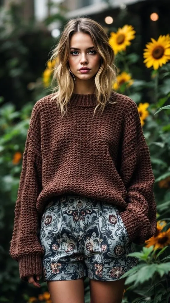 A model wearing a brown textured knit sweater and floral printed shorts, surrounded by sunflowers.