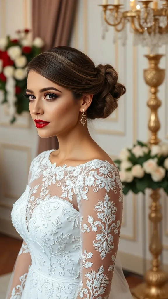 Bride with classic red lip makeup and elegant hairstyle