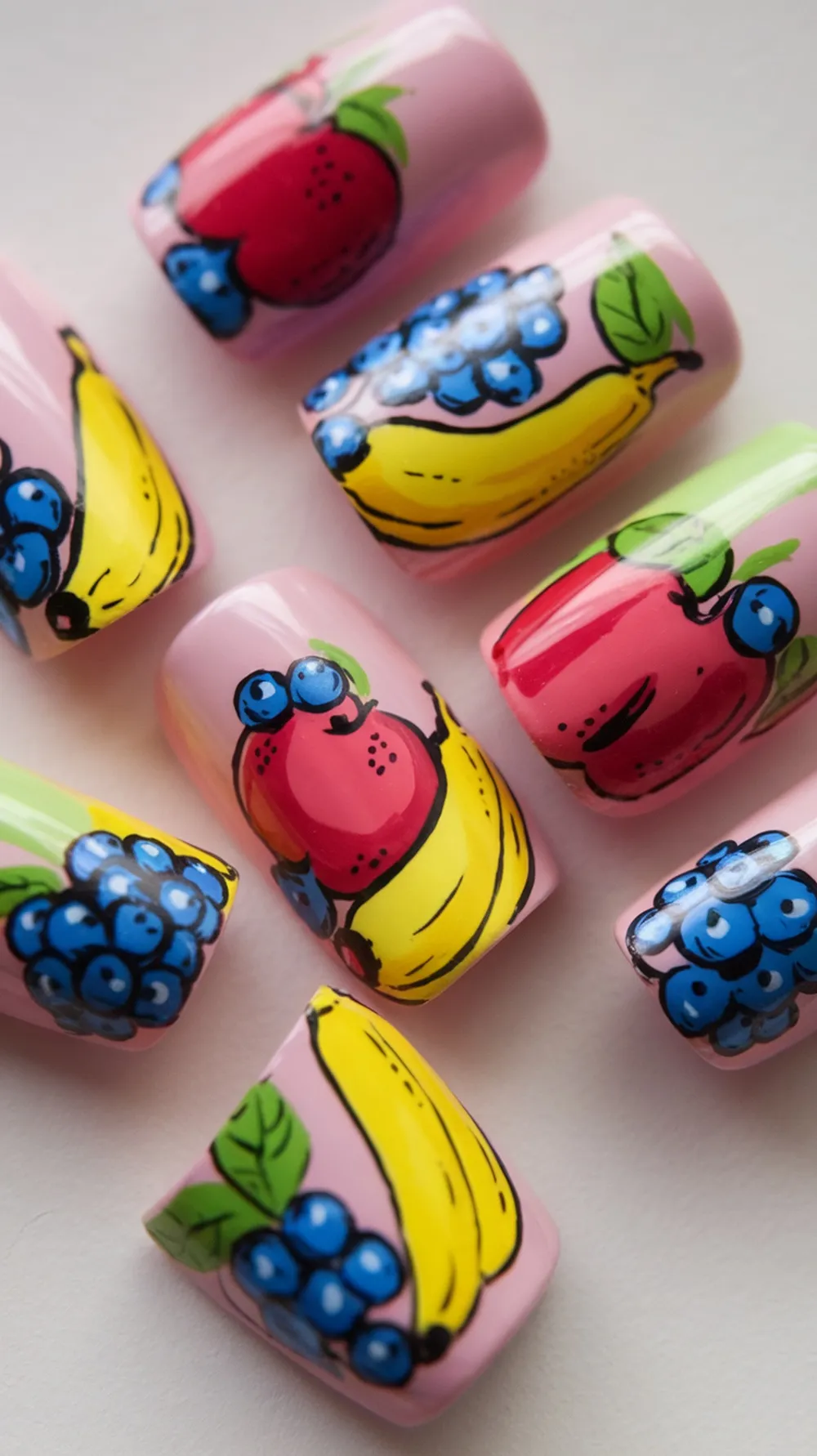 Colorful nail art featuring fruit designs like bananas, apples, and blueberries on a pink background.